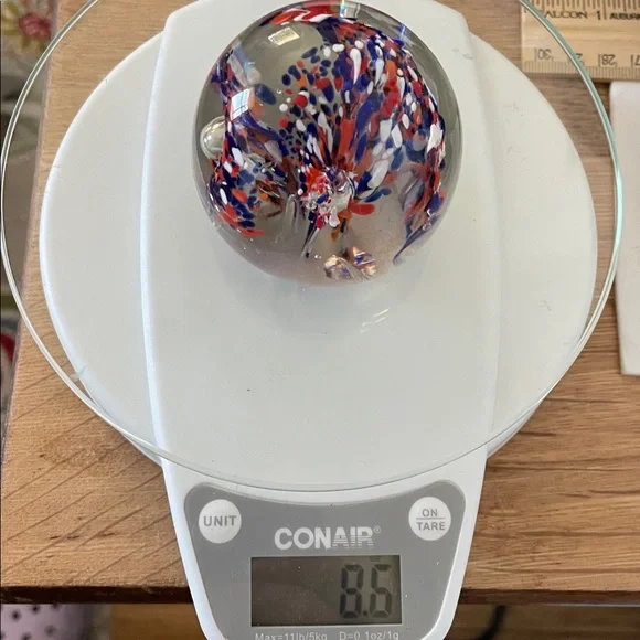 Abstract Glass Art Paperweight Sphere Dome- Red, Blue, and White flat bottom - Picture 12 of 12